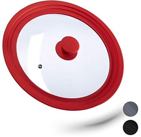 Relaxdays Saucepan Lid Universal, Glass Cover, Stepped Silicone Rim, Pots & Pans 26-30 cm, 5 x 31.5 cm, Red