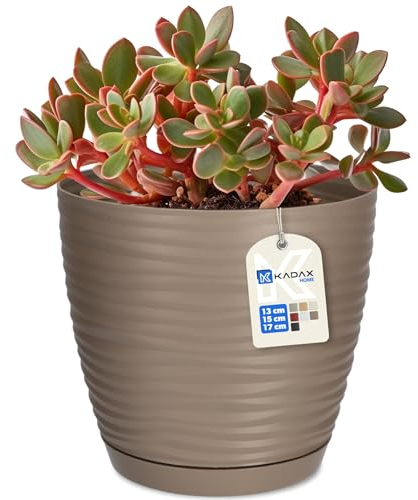 KADAX Pot de Fleurs en Plastique avec Soucoupe, Cache-Pot Moderne Ornée d'un Élégant Motif Ondulé pour Une Décoration Florale (Ronde, Beige, 13 cm)