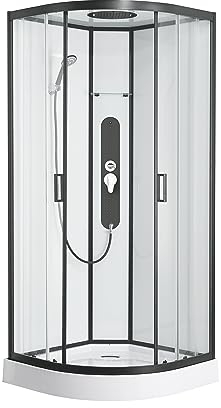 Sanotechnik Komplettduschkabine SOHO SKY 1, 90 x 90 x 225 cm, Mit Regendusche, Massagdüsen, Handbrause, Schwarzer Rahmen, Mit Duschwanne, Hydromaschine, Matt Schwarz Duschkabine komplett