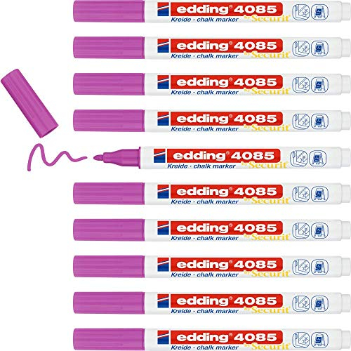 edding 4085 Kreidemarker - pink - 10 Kreidestifte - Rundspitze 1-2 mm - dünner Kreidestift für Tafel abwischbar - zum Beschriften von Fenster, Glas, Spiegel - Tafelstift mit deckenden Farben