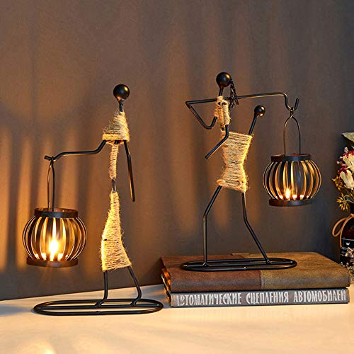 2Pcs Candle Holders for Tables, Retro Black Iron Tea Light Candle Holders Vintage Candlestick Stand Little Girl Shaped with Hemp Rope Ornaments for Home Living Room Valentine Christmas Decoration (A)
