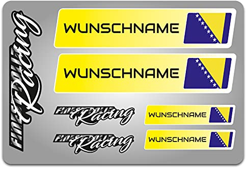 4er Set Aufkleber mit Fahne Flagge und wahlweise Name Sticker für Auto Fahrrad Motorrad Roller Helm im Rallye Racing Design R156 (04 Bosnien und Herzegowina, Mit Wunschname)