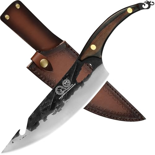 XYJ Kochmesser, 15,2 cm, für den Außenbereich, kleines Messer, Mini-Schleifstein, antihaftbeschichtet, Edelstahl, serbische Metzgermesser für Fleisch und Gemüse (Brown, 8 inch)
