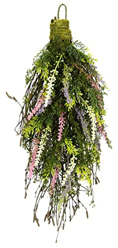 Hängende Blumendeko mit künstlichen Thujazweigen Reisig und Lavendel für Tür Wand Hänger Hängepflanze Kranz Kränze Wandhänger Ranke Türkranz Deko Girlande Wanddekoration Bündel Bund Busch Dekoration