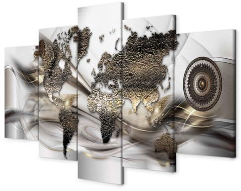 B&D XXL - Wandbilder XXL Weltkarte 150x75cm 5 tlg - Wand Deko Leinwand Bilder Groß Wanddeko Wohnzimmer Schlafzimmer Kunstdrucke - Abstrakt Mandala Textur silber k-A-0480-b-m