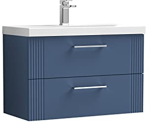 nuie DPF395D Deco Modern Bathroom Wall Hung 2 Drawer Part Fluted Vanity Basin Unit with Thin-Edge Ceramic Basin, 800mm, Satin Blue