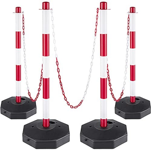 VEVOR Plastic Stanchion, 4pcs Chain Stanchion, Plastic Stanchion Kit with 32ft Chain 8 S-Hooks, PE Plastic White Stanchion for Warning/Crowd Control at Parking Lot, Construction Lot, Driveway Elevator