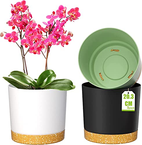 LATERN 3Pcs Self Watering Plant Pots, 20.3CM Round Plastic Flower Pot Garden Plant Container for Succulent Herb Orchid Mint House Bonsai Plants - with Drainage Holes and Saucers (3 Colors)
