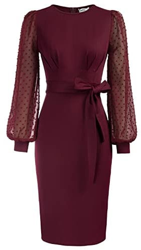 JASAMBAC Wedding Guest Dresses for Women Elegant Mesh Long Sleeve Bodycon Pencil Dress with Belt Wine Red S