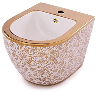 Hänge-Bidet Spülrandlos | Farbe Weiß Gold Wand Bidet mit Befestigungssatz für Montage Popo Dusche Modell Helene