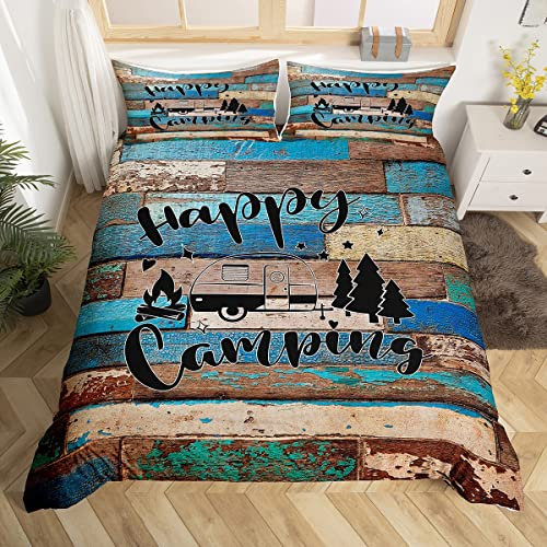 Manfei Camping Abenteuer Bettbezug Set L Größe,Camper RV Anhänger Dekor Bettwäsche Set Kinder Jungen Mädchen,Retro Holz Plank Cottage Tröster Abdeckung,Rustikale Bauernhaus Quilt Cover,2 Kissenbezug
