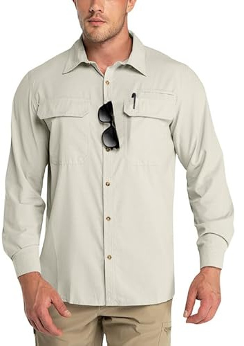 Outdoor Ventures Chemise fonctionnelle à manches longues pour homme - Séchage rapide - Décontractée - Respirante - Pour le printemps, l'été, l'automne - Avec poches - Pour la randonnée, le camping,