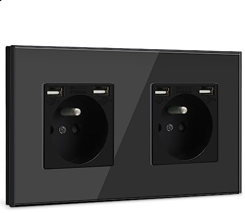 BSEED Double Prise Murale avec 2 Ports USB,16A Prise de Courant Alternatif avec Panneau en Verre,Multiprise Murale Max 2.1A,Convient au Smartphone, à la Tablette (2 Prise avec 2 Ports USB,Noir)