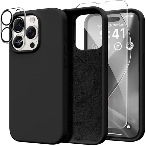 GONEZ für iPhone 15 Pro Max Hülle Silikon, kompatibel mit Magsafe, Kameraschutz + Displayschutz, weiches kratzfestes Mikrofaserfutter, stoßfeste Handyhülle aus flüssigem Silikon, Schwarz