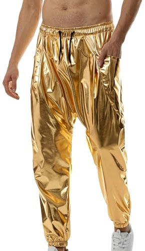 FeMereina Mens Metallic Disco Pants 70s/80s Sequin Pants Drawstring Waist Party Club Pants Rave Shiny Jogger (Gold, M)