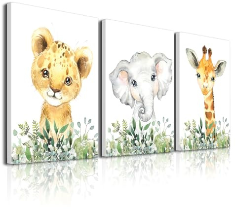 Baby Safari Kinderzimmer Wanddekoration – Set mit 3 Bildern, niedliche Tier-Wanddrucke auf Leinwand, Dschungel, Kinderzimmer, Safari-Dekor, Geschenke für Baby-Jungen- und Mädchenzimmer, gerahmte