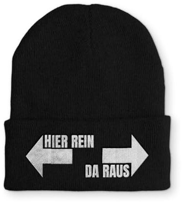 tshirtladen Spruchmütze Strickmütze Hier rein Da Raus Mütze Wintermütze lustige Beanie mit Stick, Farbe: Black