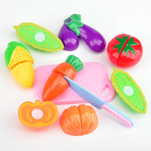 Moguri 8 teiliges Set Kinderküche Spielküche Zubehör,Plastik Küchenspielzeug Schneiden Obst Gemüse Lebensmittel mit Klett Verbindung für Kinder, Lernspielzeug Rollenspiele