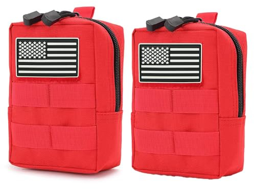 GAZJYUSP MOLLE-Taschen – Weste, Handy-Holster, Gürteltasche, EDC-Zubehör, kleine Utility-Tasche mit Flaggen-Patch, taktisch, kompakt, wasserabweisend, Rot, 2 Stück
