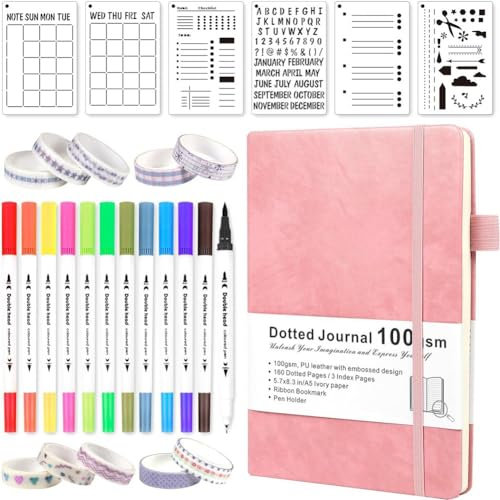 Desikixudy Dotted Journal Kit - Pinselmarker mit Spitzen, Washi Tape und Schablonen für Frauen, MäNner und Jugendliche, Rosa