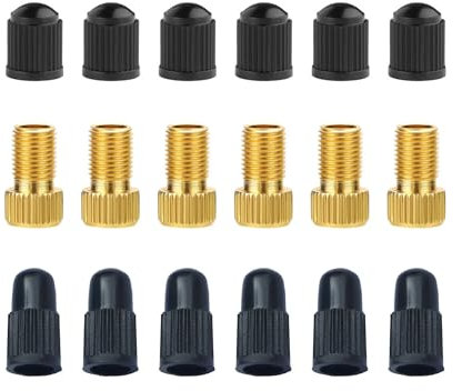 IBRIQO® 6 Adaptadores y 12 Tapones | Set 6 Adaptadores de Latón de Válvula Presta a Schrader + 12 Tapones | Convierte Válvula Fina a Gorda | Bicicleta MTB y Road | Usando Bomba o Compresor Estándar
