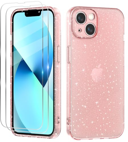 Coque Compatible avec iPhone 13, 2 Pièces Verre Trempé Protection Écran, Clair Housse à Glitter en Mince Silicone Souple Étui Antichoc Case Transparente Cover - Rose