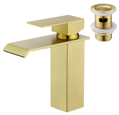 CREA Wasserhahn Bad Wasserfall, Waschtischarmatur mit Ablaufgarnitur, Mischbatterie Bad mit Wasserfall Auslauf, Hochdruck Armatur Waschbecken für Badezimmer,Gebürstet Gold