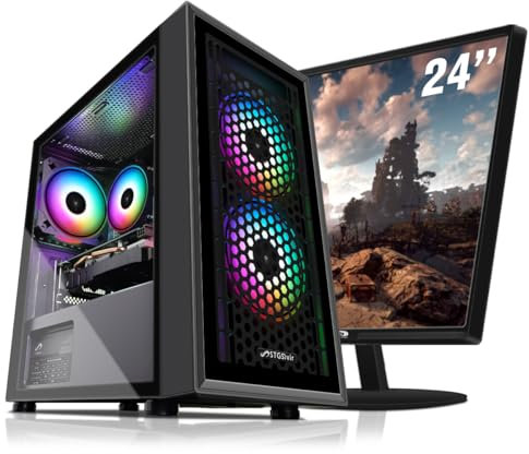 STGsivir Gaming PC Bundle, Gaming Desktop Computer, 24 Monitor, Intel Core I5 3.5-3.9GHz, AMD R9 370, 16GB RAM, 512GB SSD, 600M WiFi, BT 5.0, Black RGB Gaming Case, Windows 10