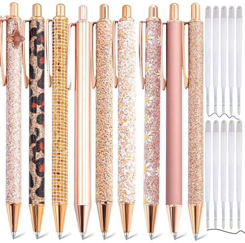 mumrap 9 Pcs Sparkly Pens for Women Fancy Pens with 10 Pcs Black Ink Refills Glitter Pretty pen sets for Ladies Office School Gifts(Rose-gold)