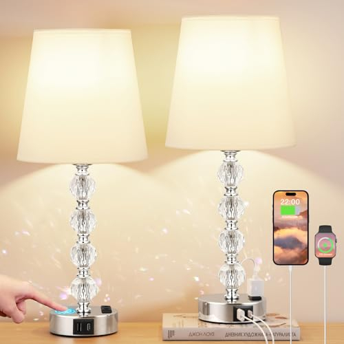 Kakanuo Nachttischlampe Touch Dimmbar 2er Set, Kristall Tischlampe mit USB-A+C-Anschlüssen Steckdose LED Birnen, Moderne Lampe mit Weißer Lampenschirm für Wohnzimmer Schlafzimmer Büro Hotel(Größer)