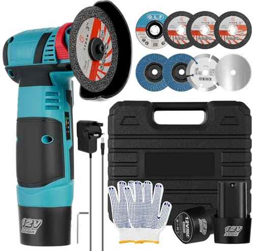 Angle Grinder Cordless, Mini Angle Grinder 12V 19500RPM with 2 Batteries, Handheld Electric Angle Grinding Tool with 5-Cutting Discs, 3-Grinding Discs for Metal Wood Ceramic Stone Cutting Polishing
