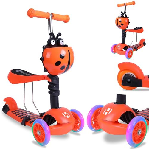 Habib Gruppe 3-in-1 Kinderroller für Jungen und Mädchen - Abnehmbarer Sitz, LED-Räder, Höheverstellbarer Lenker, Tretroller - Kinder Roller Outdoor Spiel, für 2-8 Jahre Kinder - Orange