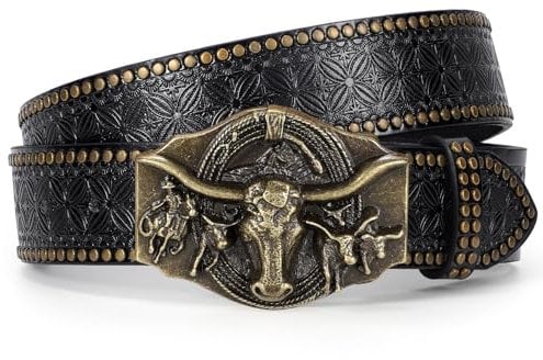 LEACOOLKEY Western Cowboy Ledergürtel für Männer Frauen Cowgirl Western Das Land Gürtel Herren Schnalle Gürtel für Jeans Hosen