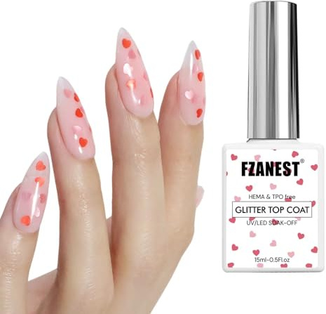 FZANEST Glitter Gel Top Coat, Hema-free Tpo-free Red & Pink Heart Clear Gel Polish No Wipe Uv Top Coat Nail Decoration Nail Art Sparkle Manicure DIY Home Salon