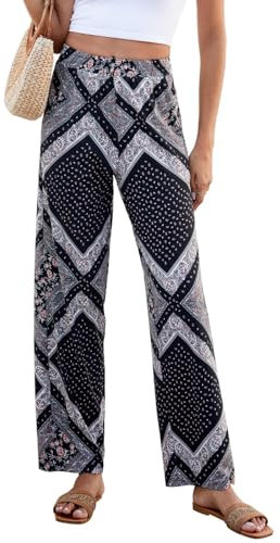 HAPYWER Jogginghose Damen Lange Hose Gerades Bein Haremshose luftig Lang Yogahose Locker Schlupfhose mit Tasche(Geometrische Muster-Schwarz,M)