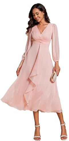 Ever-Pretty Abito da Sera Donna Elegante Maniche Lunghe Scollo a V Luminoso Linea A Rosa 48