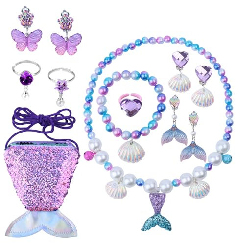 GTNCE 12 Stück Meerjungfrau Schmuck Set für Mädchen, Kinderschmuck Set mit Halskette, Armbändern, Ringen, Ohrringen und Meerjungfrauenflosse Mädchen Tasche, Prinzessin Schmuck für Geburtstag & Party