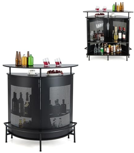 COSTWAY Table de Bar Ilot, Table Bar Cuisine, Cadre en Métal, Pieds Réglables, Supports à Verres, Étagères, Repose-Pied en Métal, Mange Debout pour Cuisine, Bistrot (Noir)
