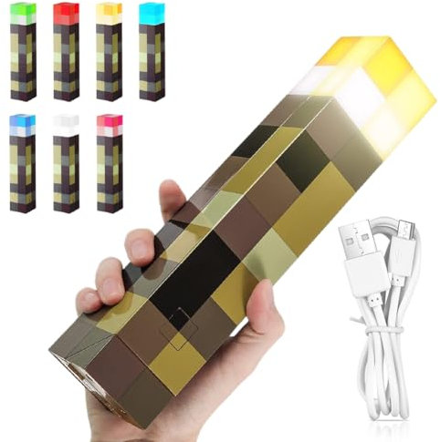 Lámpara de pared con antorcha Craft, 28cm lámpara de noche recargable 7 colores, iluminación de mano/pared con gancho, lámpara de mesita de noche para niños, regalos, cosplay, salón, sala de juegos