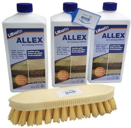 zbs24 Lithofin ALLEX Grünbelagentferner 3 Liter, Reinigungskonzentrat selbstwirkend gegen Algen und Moos, für Terrassen, Naturstein, Betonstein, Klinker, Putz und Holz, inkl. Reinigungsbürste