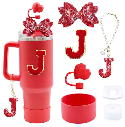 Liangang 7Pcs Red Stanley Cup Accessories Set For Stanley Cup 30oz 40oz tumbler with handle,Including Heart Straw Topper Cover Cap,Letter Charm,Red Shiny Bow,Spill Proof Stopper,Silicone Boot(Red J)