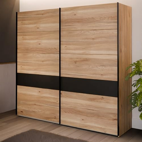 Forte BADERNA Kleiderschrank 220, 2-türiger Schwebetürenschrank mit Einlegeböden und Kleiderstange, Holzwerkstoff, Mauvella Eiche Dekor/Schwarz, 220,1 cm breit, 210,5 cm hoch, 61,2 cm tief