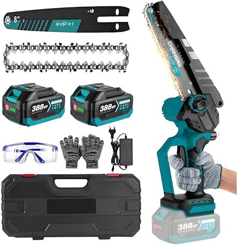 Mini Chainsaw, 8 inch Cordless Chainsaw Electric Brushless with Automatic Oiler and LED Digital Display Battery Chainsaw for Garden Shears Wood Cutting (Blue with 2 Batteries)