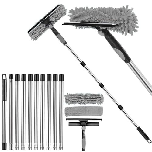 Window Cleaner, 4.3m Telescopic Window Squeegee Cleaning Kit, Window Cleaning Equipment With Silicon Squeegee & Microfiber Scrubber,Shower Squeegee For Glass,Car,Floor,Wall (Grey)