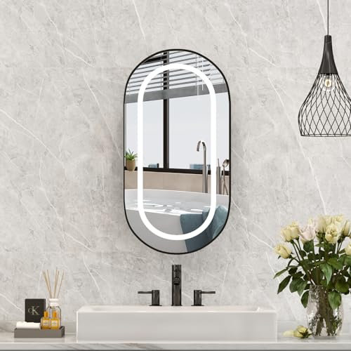 Mepplzian LED Bathroom Mirror Cabinets with Lights,42x80 Oval Bathroom Cabinets with Mirror,Black Mirrored Cabinet Wall Mounted,Recessed Bath mirrors with storage,2 Glass Shelves