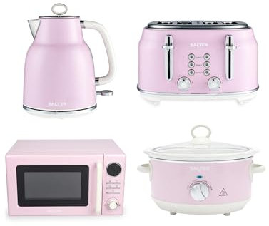 Salter Retro Pink Kitchen Set – 1.7L 3kW Kettle, 4-Slice Toaster with 6 Browning Levels, 20L Digital Microwave Oven with 25.5 cm Glass Turntable, Slow Cooker with 3 Heat Settings & Tempered Glass Lid
