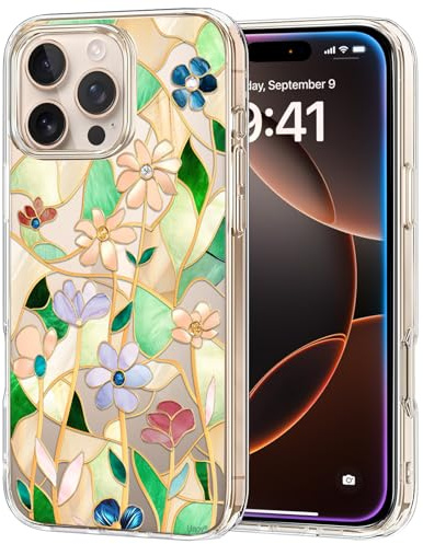 Unov Case Compatible with iPhone 16 Pro 5G Clear with Flower Glass Stained Floral Girly Design Embossed Floral Pattern Soft TPU Bumper Slim Protective Back Cover