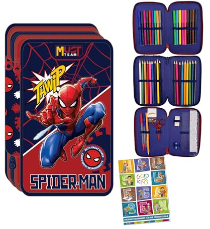 PASO - Federmäppchen 3 Fächer - Mäppchen für Jungen - Federmappe 3-Fach Federtasche Gefüllte Schüleretui Schulmäppchen und Hausaufgabenheft - Spiderman