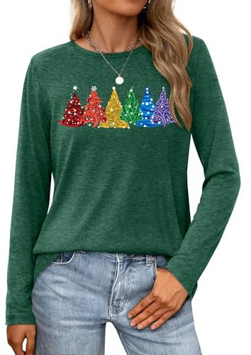tiorhooe Christmas Long Sleeve Shirt for Women Xmas Trees Tops Funny Merry Christmas T Shirts (Green2,M)