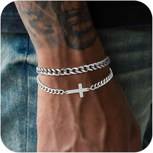Cosblisvia 2er Set Kreuz & Panzerkette Edelstahl Armbänder für Herren, Geschenk zum Geburtstag,Vatertag,Weihnachten, Valentinstag, für Party & Alltag (Silber)